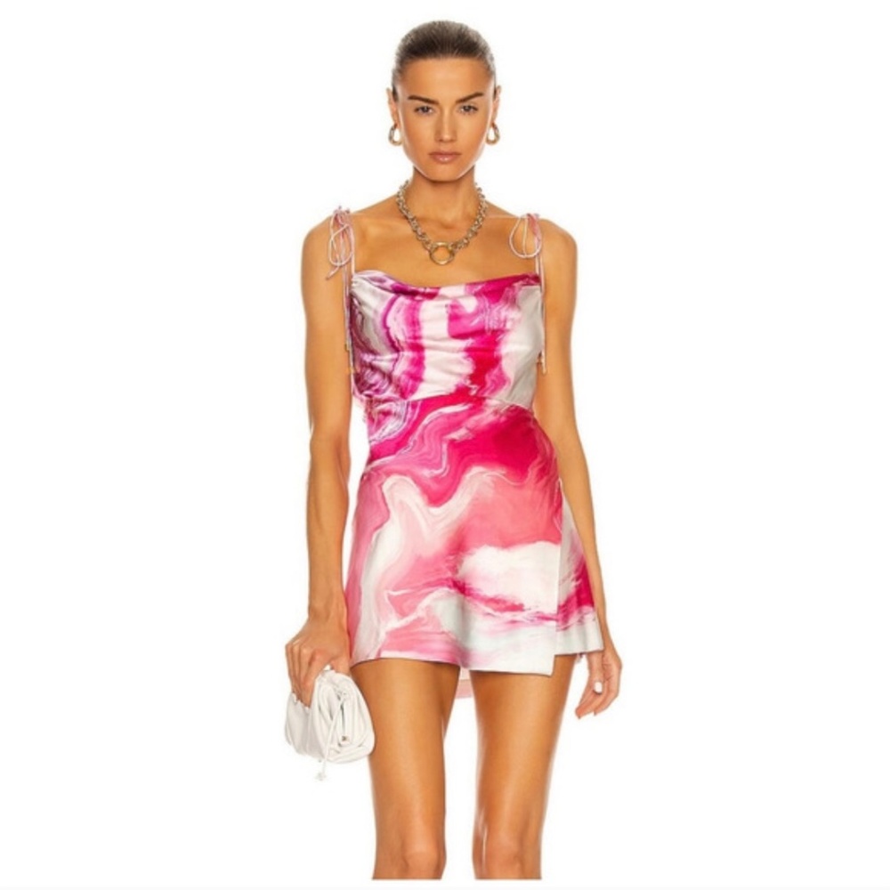 NWOT Retrofete Ariella Dress in Marble Pink Silk Size Medium Mini tie straps.